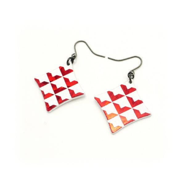 Concave Diamond [1R] // Acrylic Earrings - Red Holograph, White