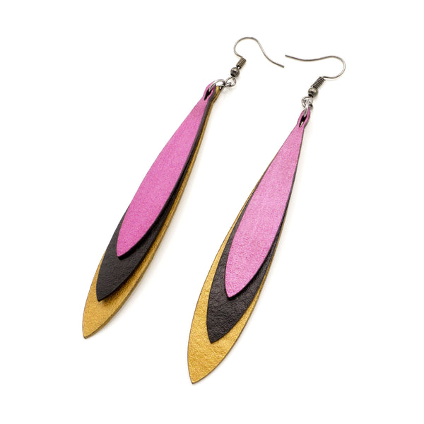 Hydraezen Leather Earrings // Gold, Black, Fuchsia Pearl