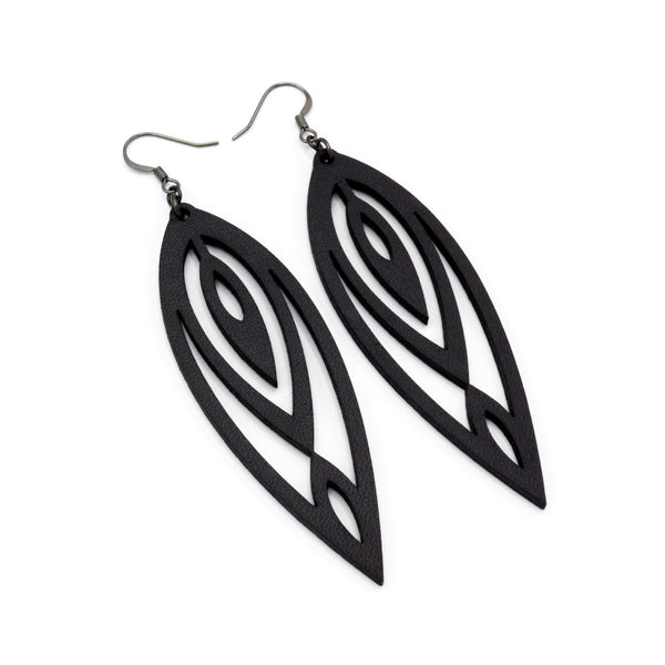 Totem 06 [L] // Leather Earrings - Black - LIGHT RAZOR DESIGN STUDIO
